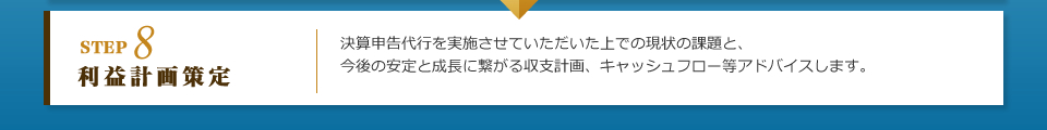 STEP8 利益計画策定：決算申告代行を実施させていただいた上での現状の課題と、今後の安定と成長に繋がる収支計画、キャッシュフロー等アドバイスします。